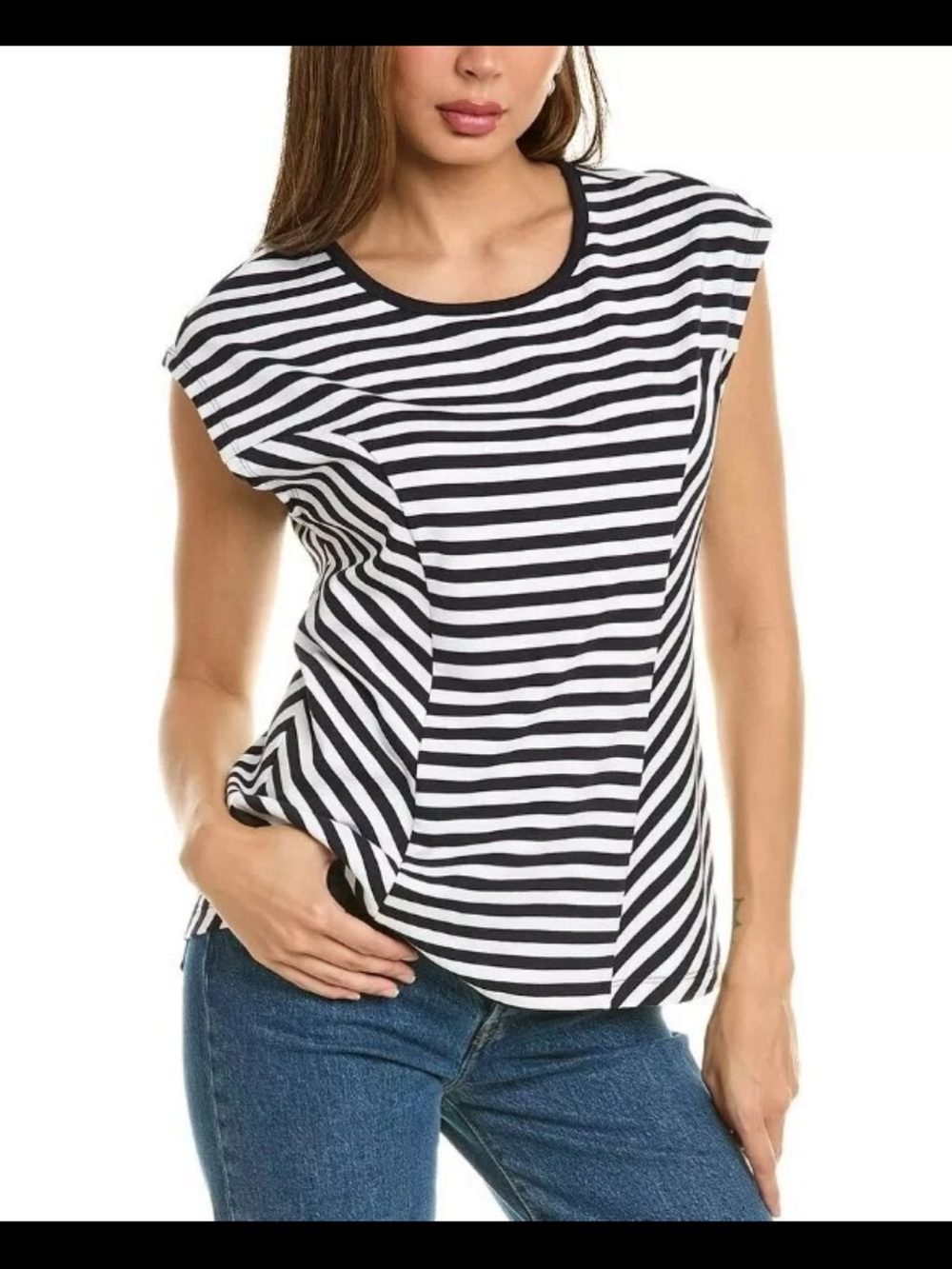 Cabi Illusion Shirt Women XL White Black Stripe Cap Sleeve Pullover Stretch 6337